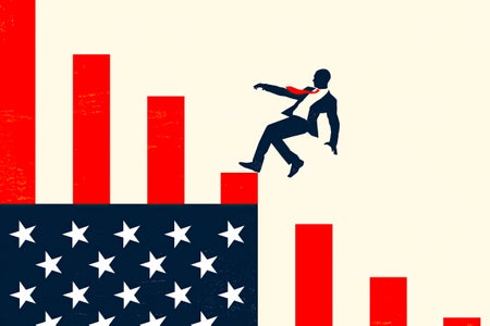 Man falling down a declining bar graph that resembles the American flag