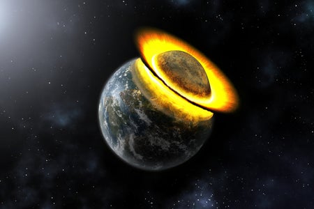 An artist’s concept of a planet colliding with Earth.