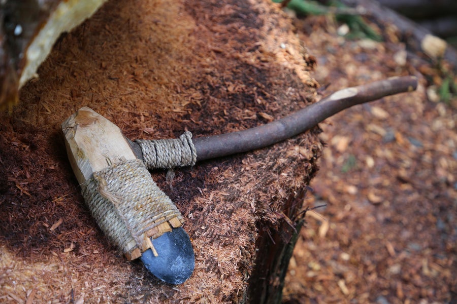 An ax made with stone, rope and wood