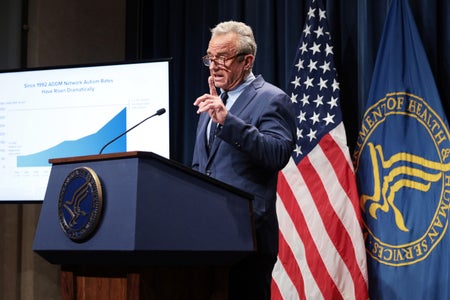 Secretary of Health and Human Services Robert F. Kennedy Jr. speaks during a news conference at the Department of Health and Human Services on April 16, 2025 in Washington, DC. Behind the Secretary a graph is displayed on a screen titled "Since 1992 ADDM Network Autism Rates Have Risen Dramatically"