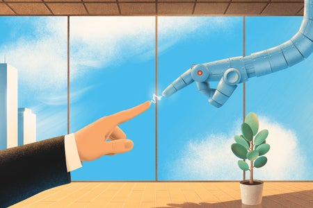 Conceptual AI-themed illustration set in a high rise office of a human hand and robot hand reaching towards each other with pointed fingers and an electric spark traveling between their finger tips, using art historical visual cues referencing Michelangelo's Creation of Adam fresco painting in the Sistine Chapel