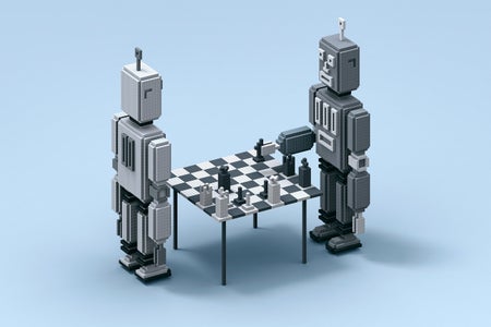 Illustration of two robots standing across from each other at a table while playing chess