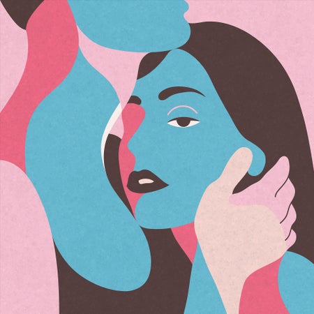 Creative portrait of a romantic couple embracing with color blocking effect