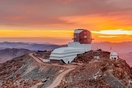 View of the Rubin telescope at sunset.
