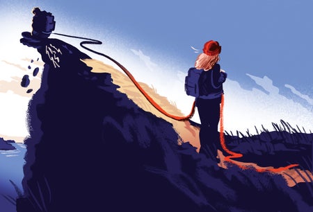 Two figures, one in the distance on the edge of an outcropping. Figure in foreground holding a red rope that is tied to other figure