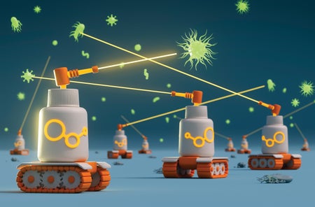 Bottles as military vehicles shooting at green viruses