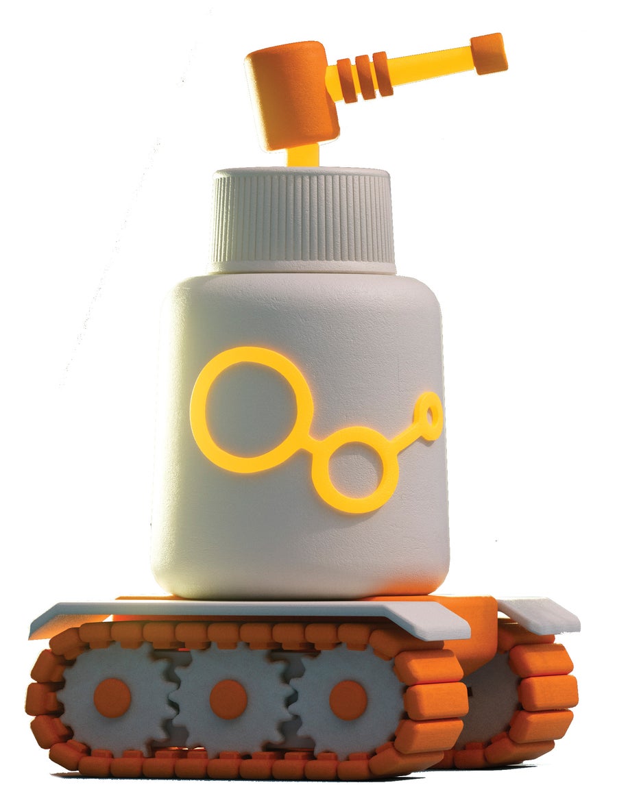 Spray bottle with treads acting as military vehicle