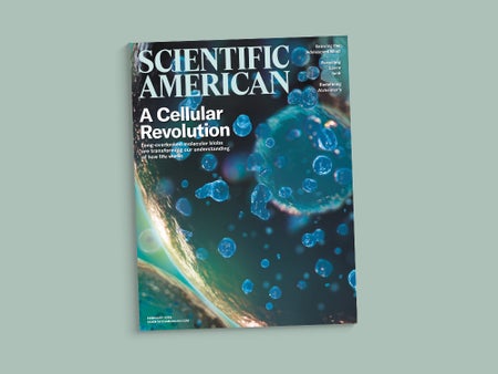Cover of the February 2025 issue of Scientific American against a teal background.