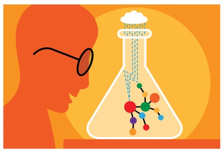 Orange cartoon person looking at electrons charged by falling rain in beaker