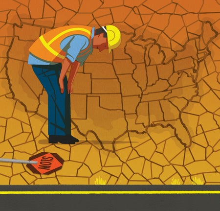 Worker in an orange vest on parched side of road, against the background of a US map