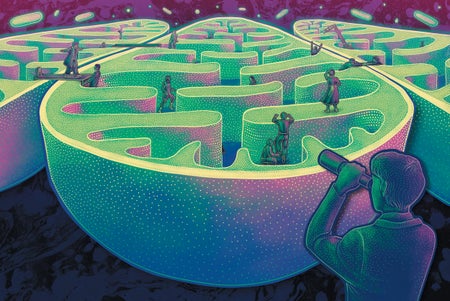 Illustration of how mitochondria signal others in a maze-like organelle with people walking in it