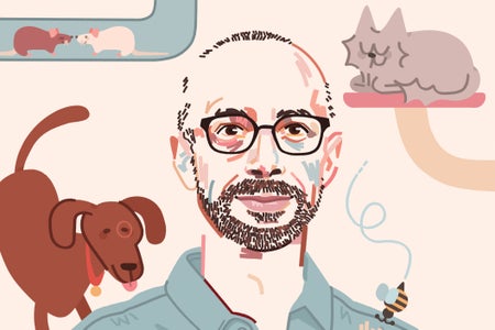 Portrait of Jeff Sebo surrounded by animals