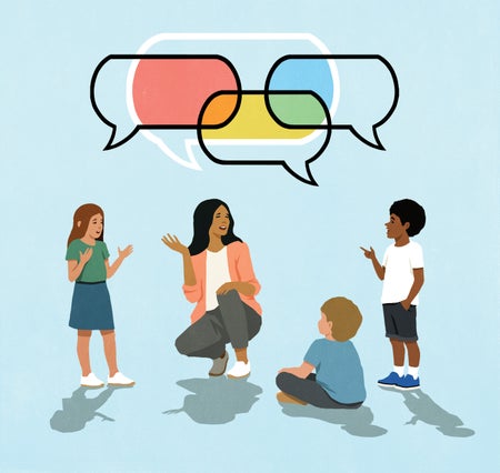 Illustration of a parent kneeling around three children, with text bubbles above them