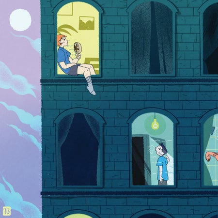 Illustration of people in apartment building keeping cool