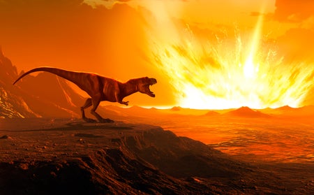 Illustration of a tyrannosaurus as an asteroid strikes the Earth creating the Chicxulub Crater