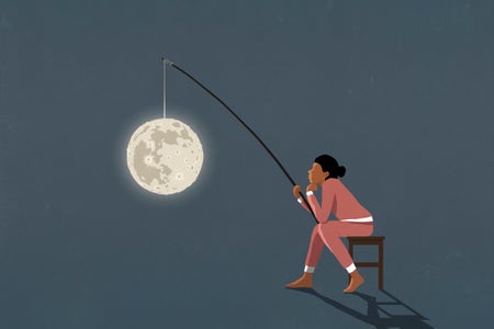 Woman in pajamas with full moon on fishing pole, suffering insomnia