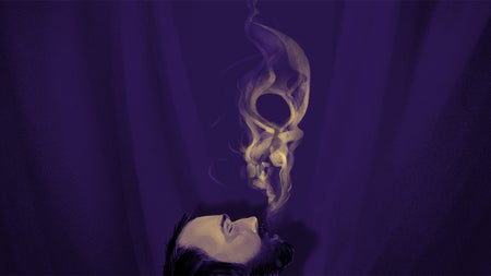 Illustration of a man blowing smoke out of mouth, the smoke making the shape of a skull