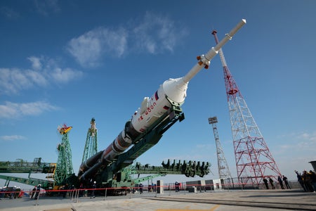 A Soyuz rocket is seen as it is raised into a vertical position on the launch pad at the Baikonur Cosmodrome in Kazakhstan on April 5, 2025.