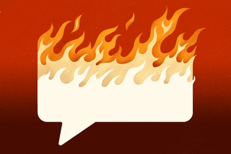 A speech bubble engulfed in flames