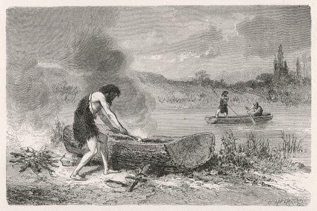 Illustration of primitive stone age boats