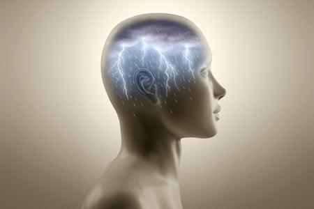 Digital illustration, human bust in profile with thunderstorm and lightning in head