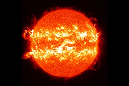 Massive solar flares - a composite of 25 separate images spanning the period of February 11, 2013 to February 11, 2014.