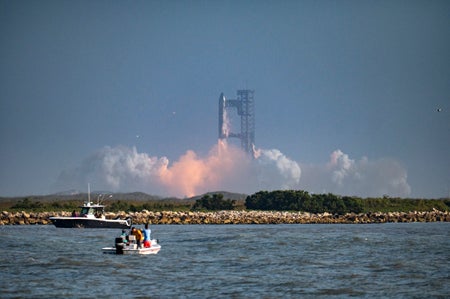 The SpaceX Starship rocket launches from Starbase, Texas