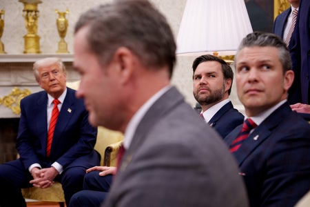 President Donald Trump, U.S. National Security Adviser Michael Waltz, U.S. Vice President J.D. Vance, and Defense Secretary Pete Hegseth in the Oval Office Caption