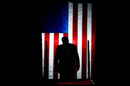 Trump walking through US flag.