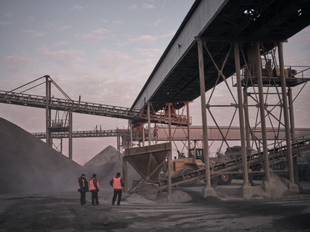 Wide shot of workers at a Ukrainian granite mine