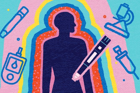 Illustration of human silhouette with colorful outlines and injection pen, blood glucose kit, scientific elements and insulin syringe