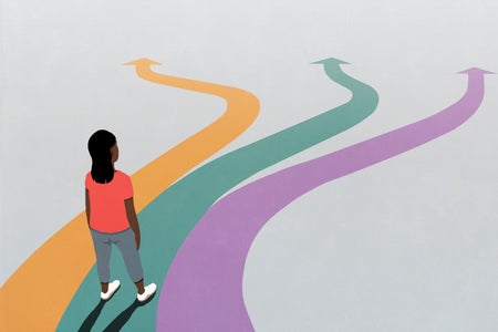 Illustration, concept of decision making, woman looking down at three multicolored arrow paths extending in front of her