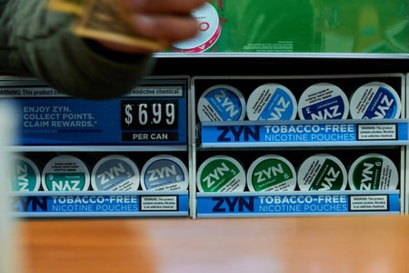 Containers of Zyn Tabacco-Free Nicotine Pouches on display behind the counter at a shop in New York, Ny. The hand of a cashier can be seen holding cash in the upper left corner. The price on the Zyn display reads, "$6.99 per can."