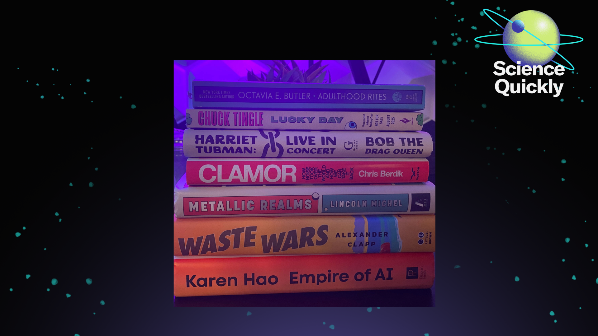 An illustration of pile a books with Science Quickly logo.