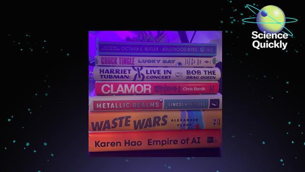 An illustration of pile a books with Science Quickly logo.