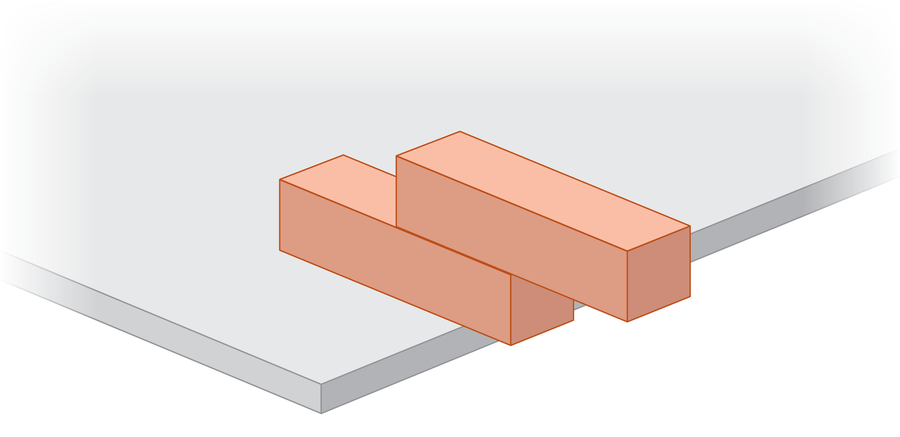 Graphic shows two identical Jenga blocks stacked on a table and oriented perpendicular to the edge. The bottom block extends a little beyond the edge of the table, and the top block extends beyond the bottom one by about half its length.