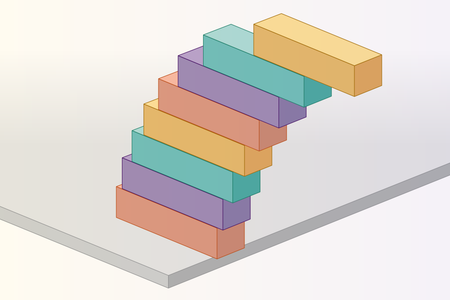 Graphic shows eight multicolored Jenga blocks stacked on a table and oriented perpendicular to the edge. From top to bottom, the blocks extend into space by decreasing proportions of their length.