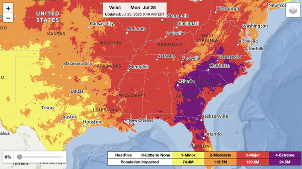 Color-coded U.S. map showing heat risk intensity zones