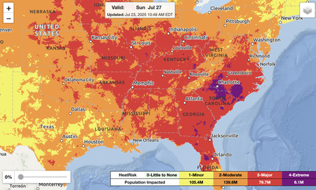 Heat risk map of Eastern US in late July 2025 showing areas of major and extreme heat risk