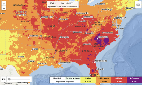 Heat risk map of Eastern US in late July 2025 showing areas of major and extreme heat risk