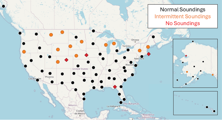 A map of the U.S. uses black, orange and red dots to represent where weather balloon launches have been curtailed and suspended. Many of the suspensions and cuts are in the north-central part of the Lower 48 states.
