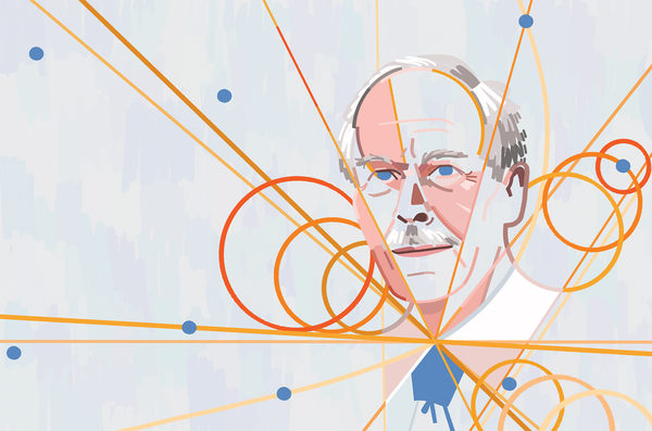 Illustration of Gerard ’t Hooft's face outside of lines and circles.
