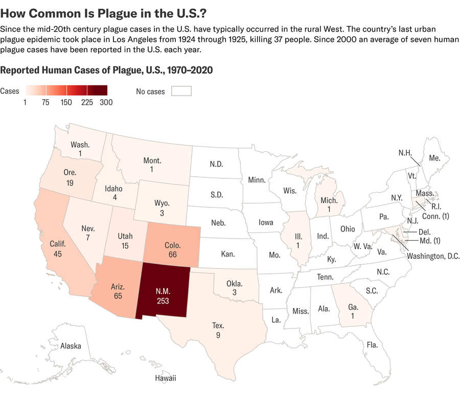 A map shows reported human cases of plague in the U.S. from 1970 to 2020. New Mexico has the highest number, with 253 cases. Thirty-two states and Washington, D.C., have had zero cases.