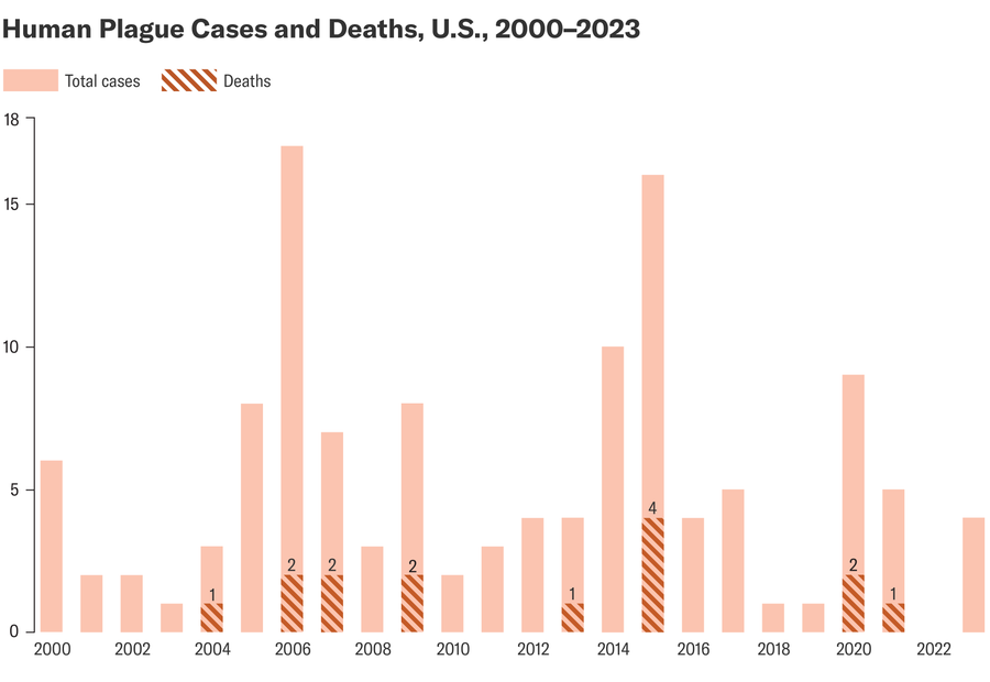A bar chart displays the number of human plague cases and deaths in the U.S. from 2000 to 2023, with an average of seven cases per year. The year 2006 had the most cases, with 17 cases and two deaths.