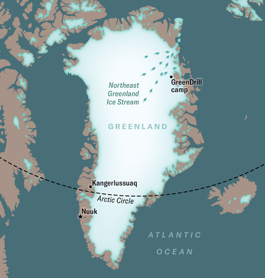 Map of Greenland, with these items labelled: Northeast Greenland Ice Stream, Arctic Circle, Kangerlussuaq, and GreenDrill camp.