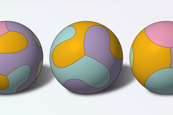 Illustration of three colorful soccer balls placed in a row, each composed of different curvy-shaped panels.