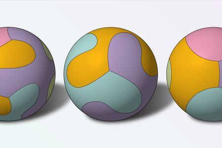 Illustration of three colorful soccer balls placed in a row, each composed of different curvy-shaped panels.