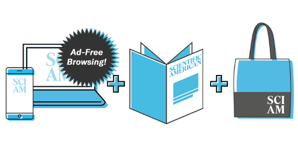 A laptop, a mobile phone and a tote bag displaying the SciAm logo. The laptop and phone are overlayed with a seal that says 'Ad-Free Browsing' in a circle.