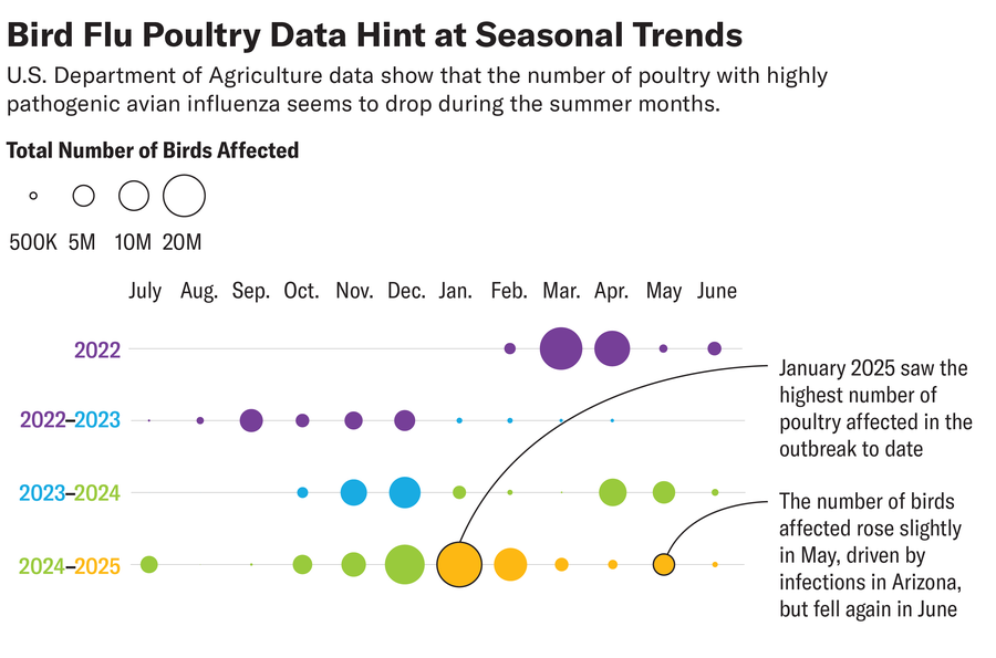 Bubble chart based on USDA data from 2022 to 2025 shows that the number of poultry with highly pathogenic avian influenza seems to drop during the summer months as a seasonal pattern.